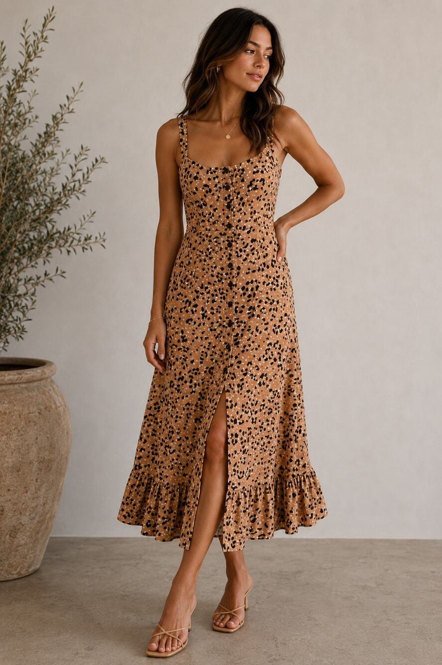 Saltwater Luxe Meg Midi Dress Leopard Brown Animal Print Safari Boho Chic Large